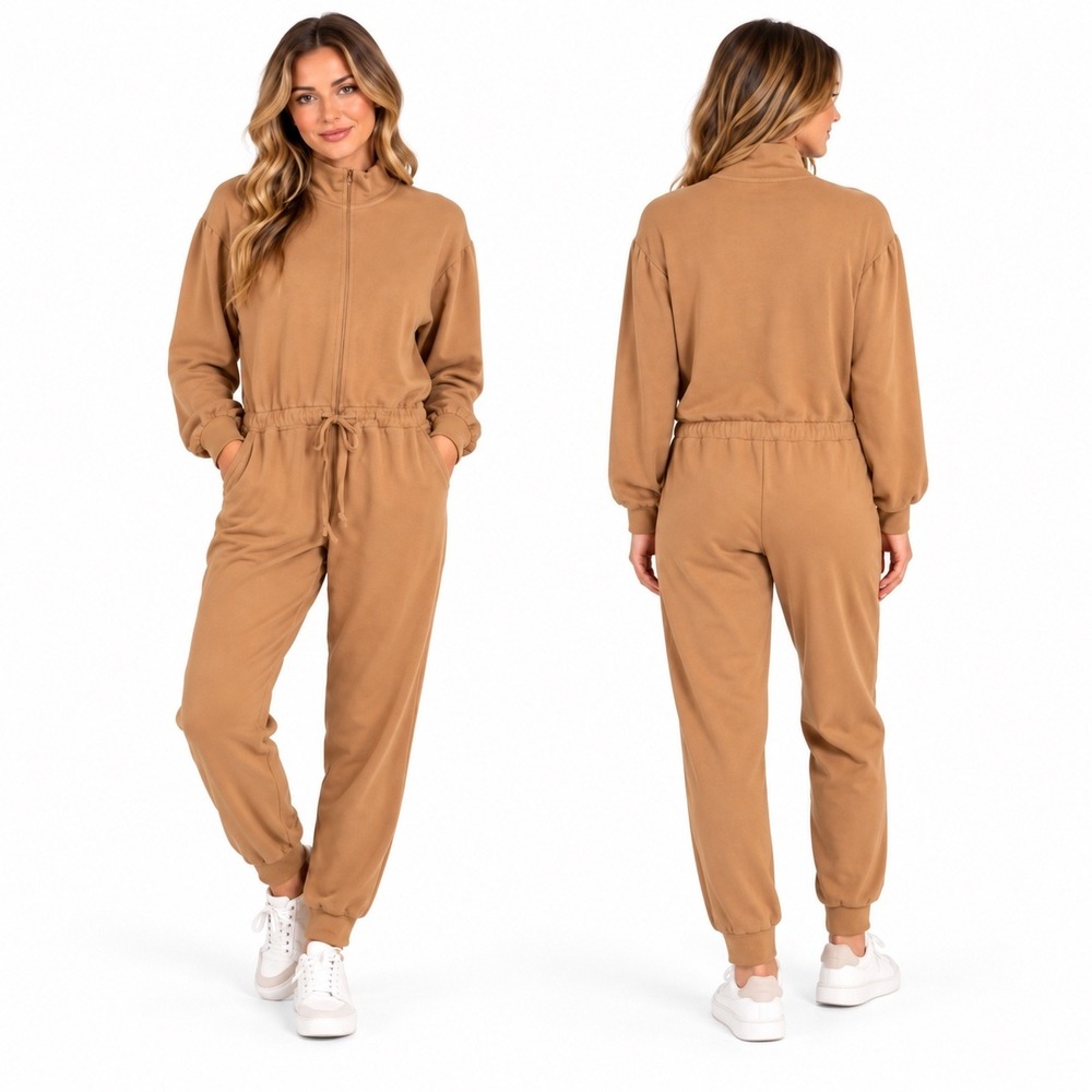 NEW Monrow Knit Fleece Zip Front Cinch Waist Jumpsuit Camel Tan Size S